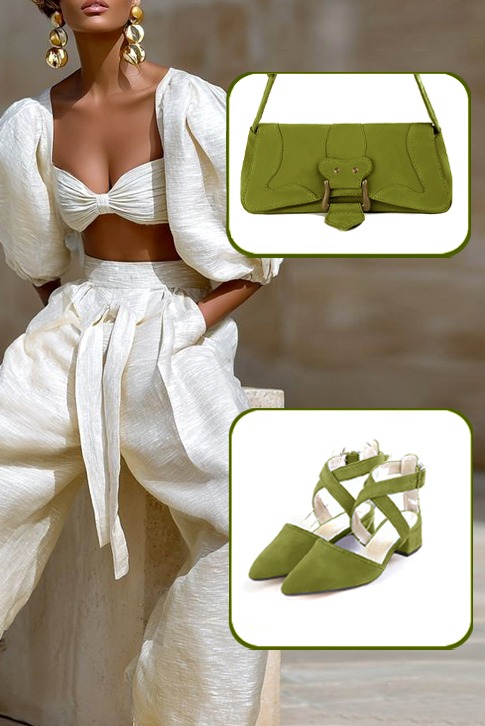Dress closed-toe heels crossed straps in pistachio green leather with low flare heels and tapered toe - Worn view